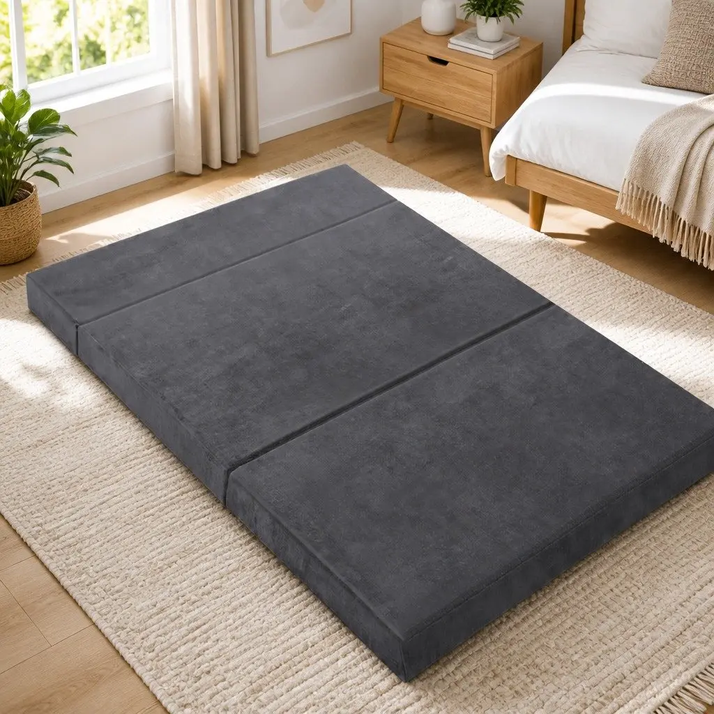 Foldable Foam Mattress Double Bed Sofa Grey Velvet 180 x 122 x 12 cm