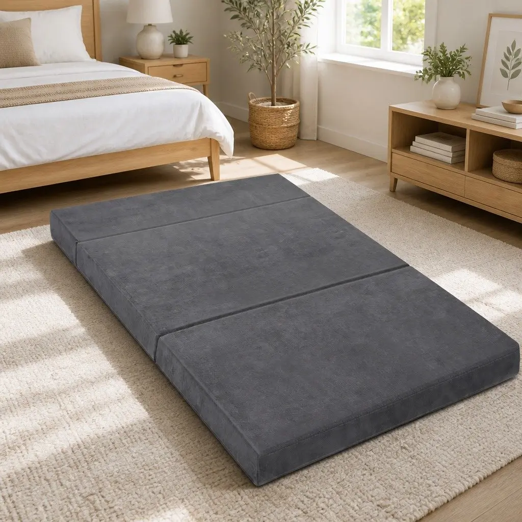 Foldable Foam Mattress Double Bed Sofa Grey Velvet 180 x 122 x 12 cm