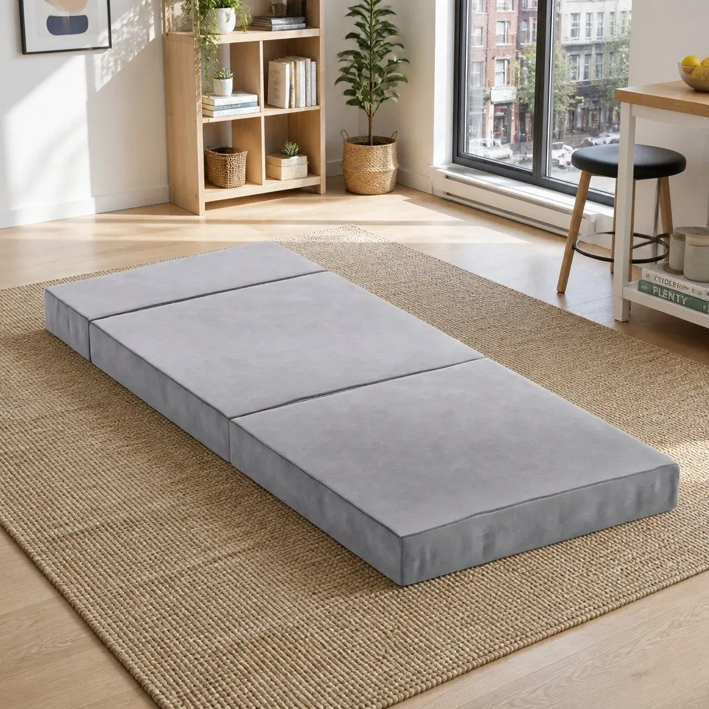 Foldable Foam Mattress Queen Size Light Grey Portable Bed Chair Sofa