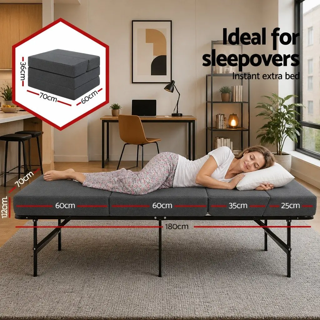 Foldable Sofa Bed Foam Mattress Grey Polyester Single Bed Guest Floor Mat