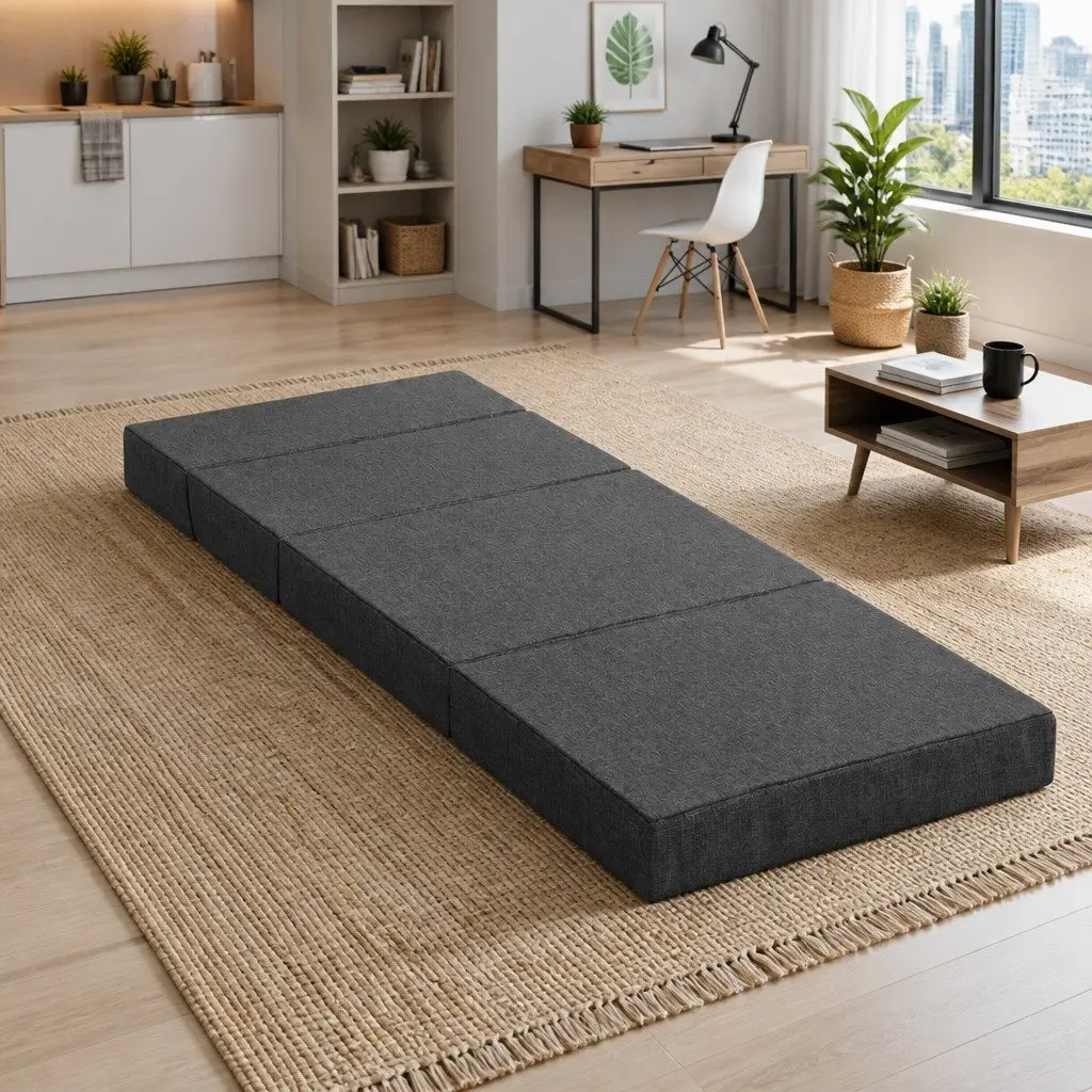 Foldable Sofa Bed Foam Mattress Grey Polyester Single Bed Guest Floor Mat