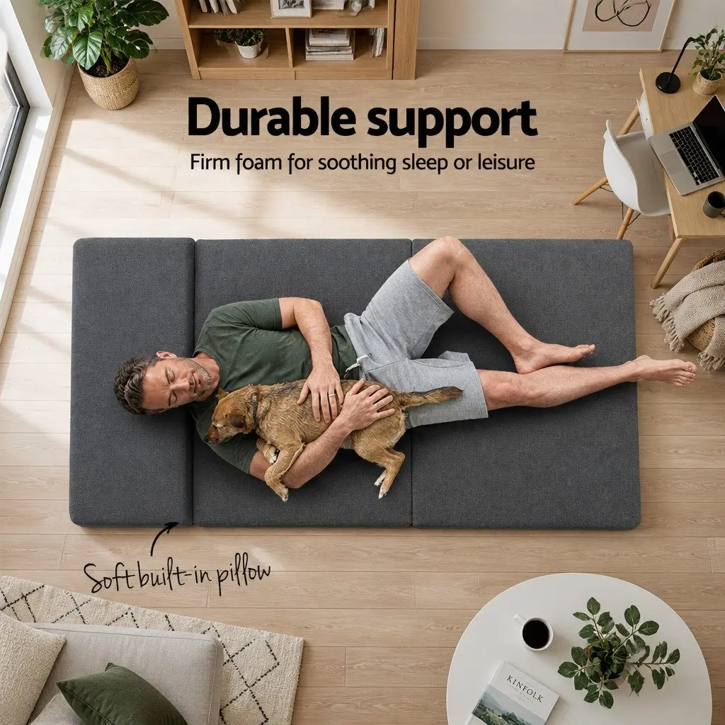 Foldable Sofa Bed Foam Mattress Grey Polyester Single Bed Guest Floor Mat