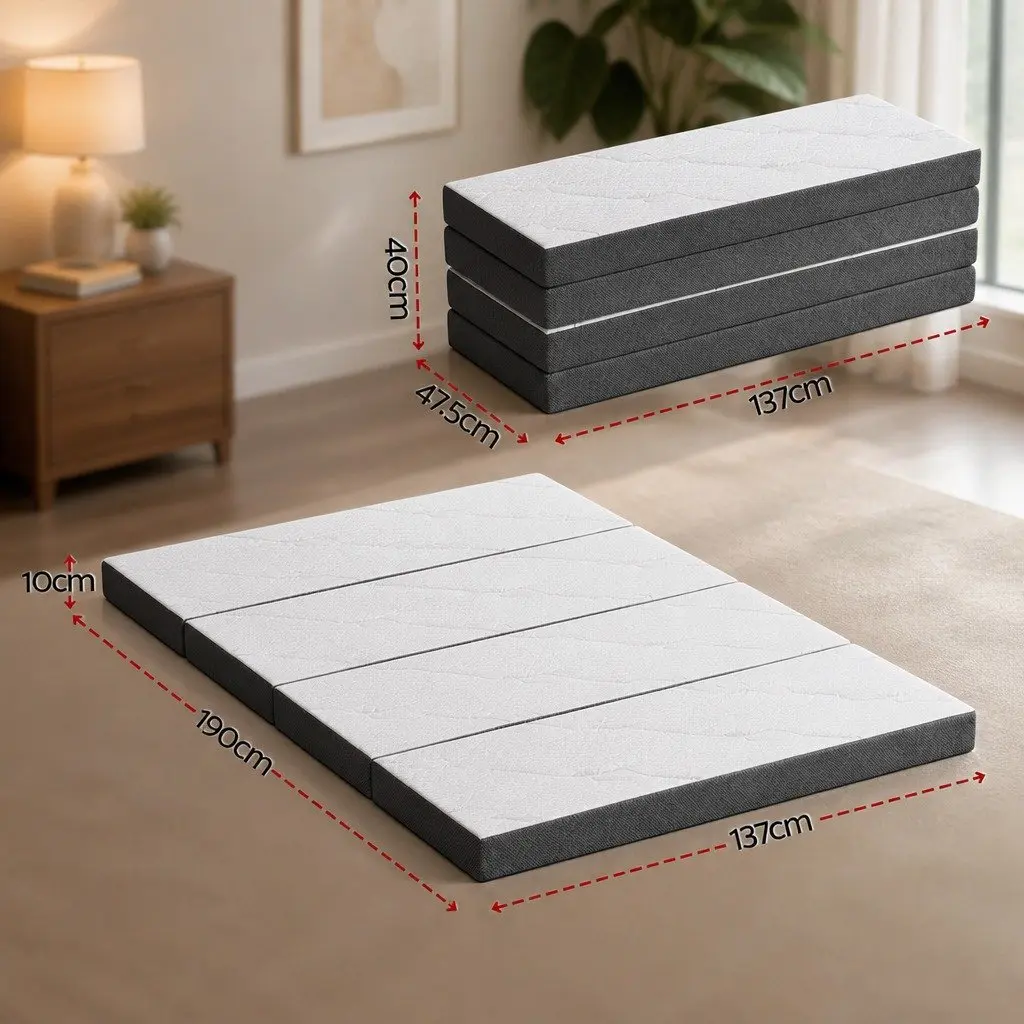 Foldable Foam Mattress Bamboo Queen Size White and Grey Double Bed Sofa
