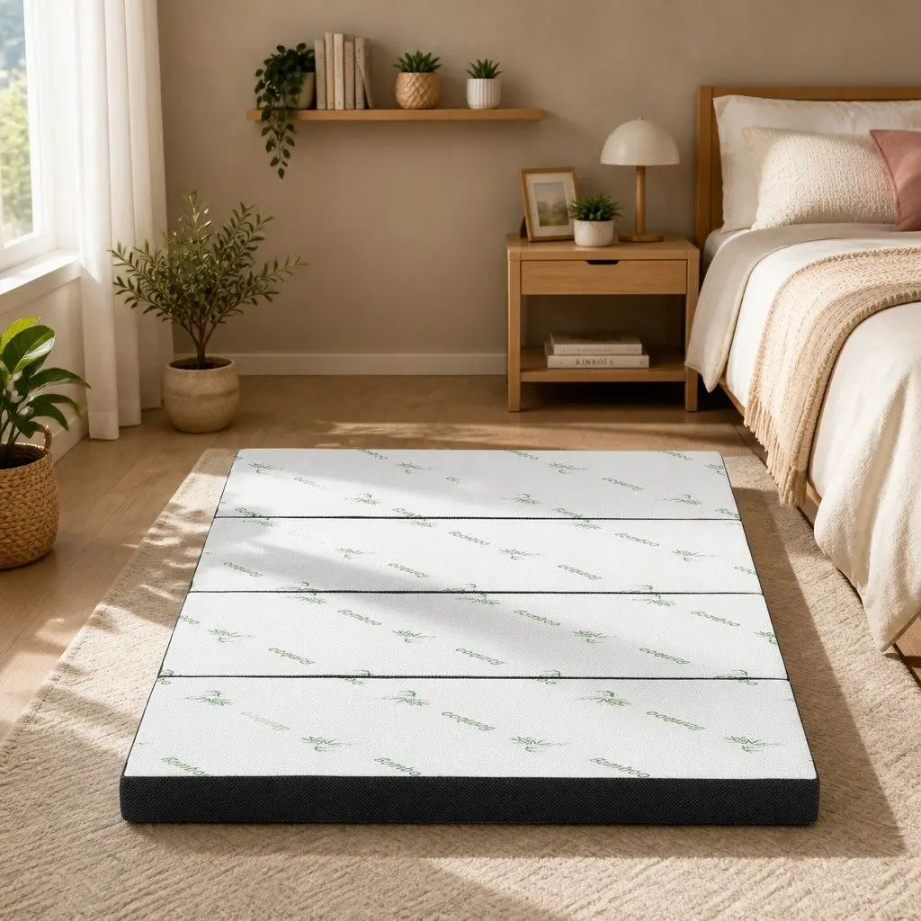 Foldable Foam Mattress Bamboo Queen Size White and Grey Double Bed Sofa