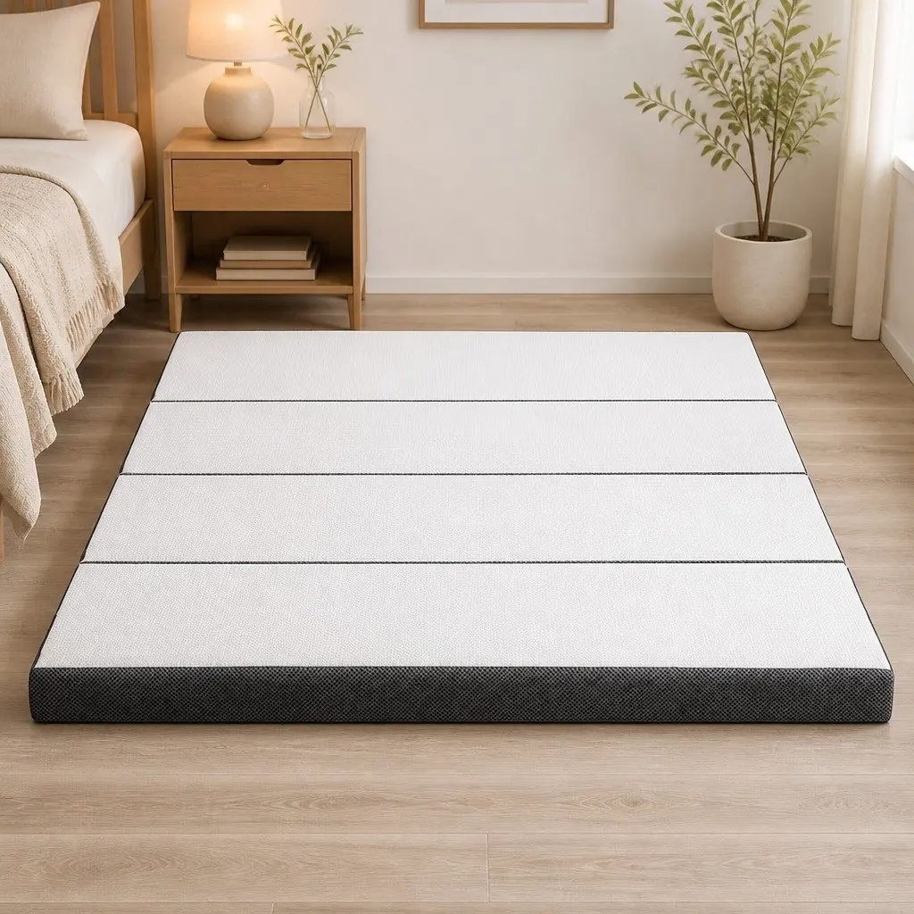 Foldable Foam Mattress Queen Size Folding Bed Bamboo Cover Sofa Lounger Storage