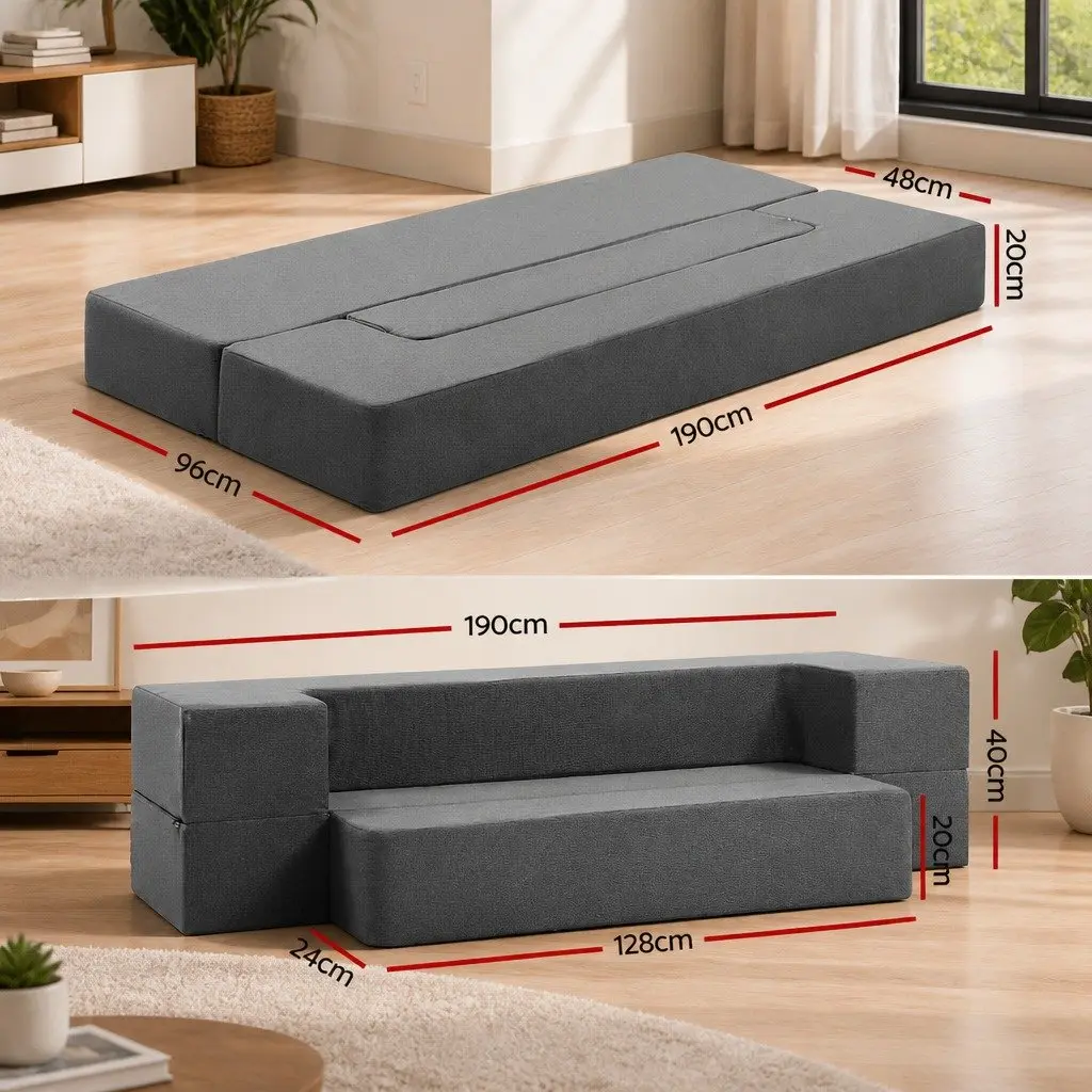 Foldable Mattress Grey Foam Sofa Bed Lounger Ottoman 190cm Removable Cover