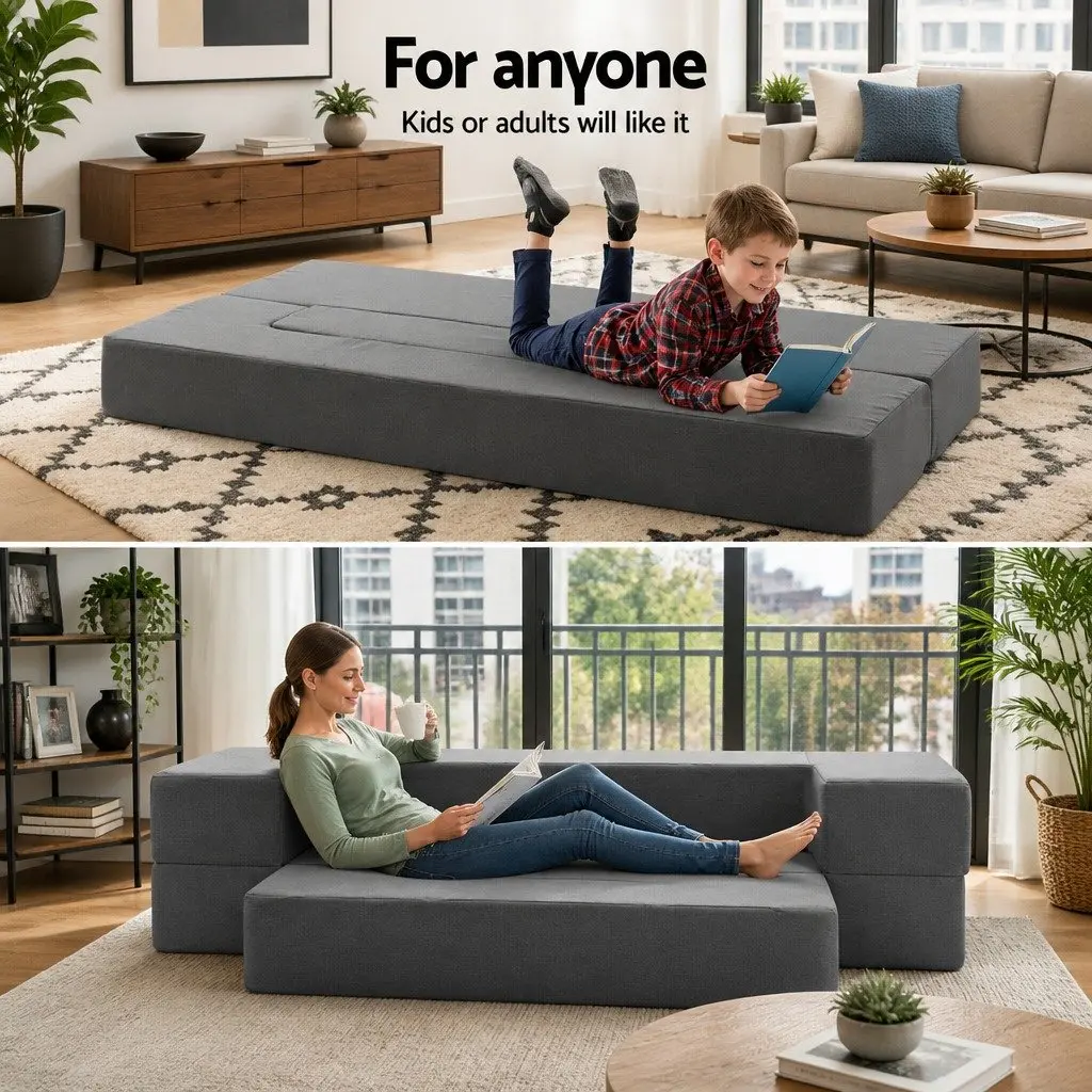 Foldable Mattress Grey Foam Sofa Bed Lounger Ottoman 190cm Removable Cover