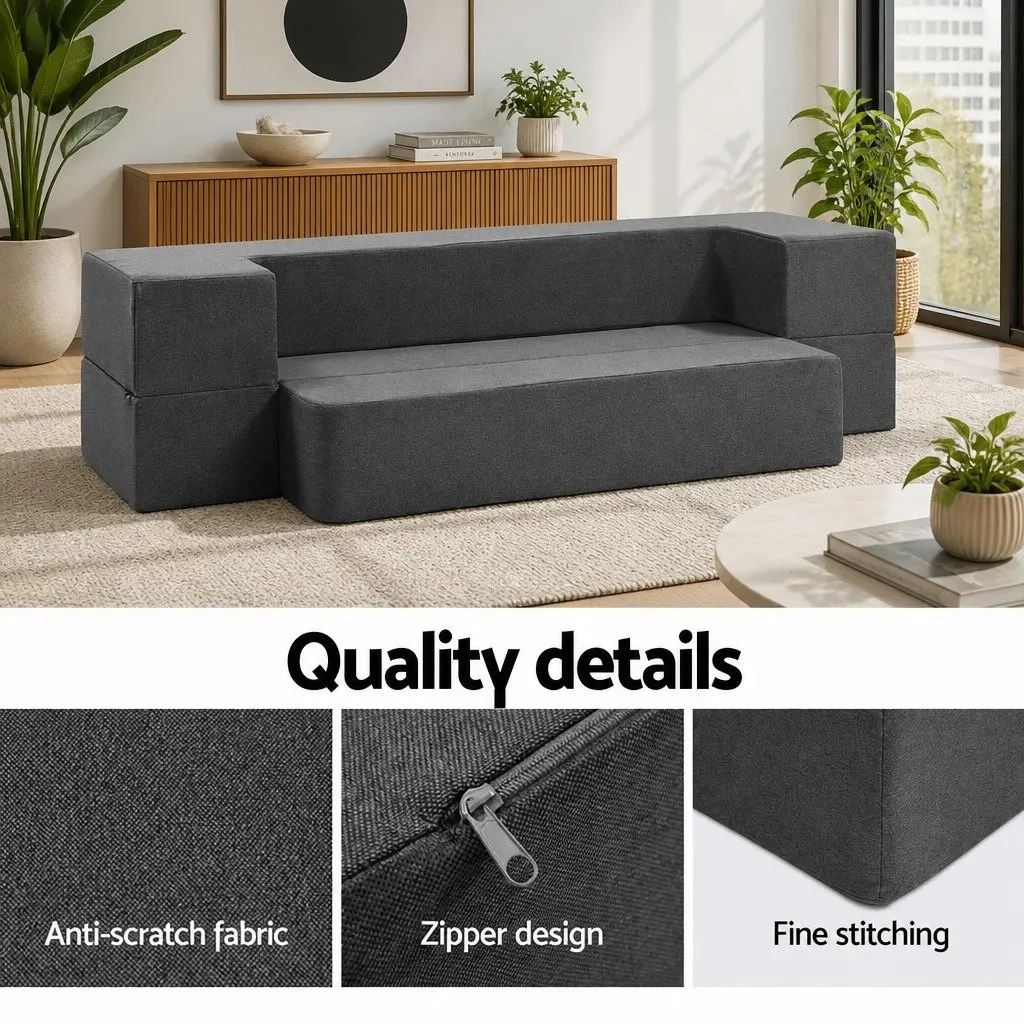 Foldable Mattress Grey Foam Sofa Bed Lounger Ottoman 190cm Removable Cover