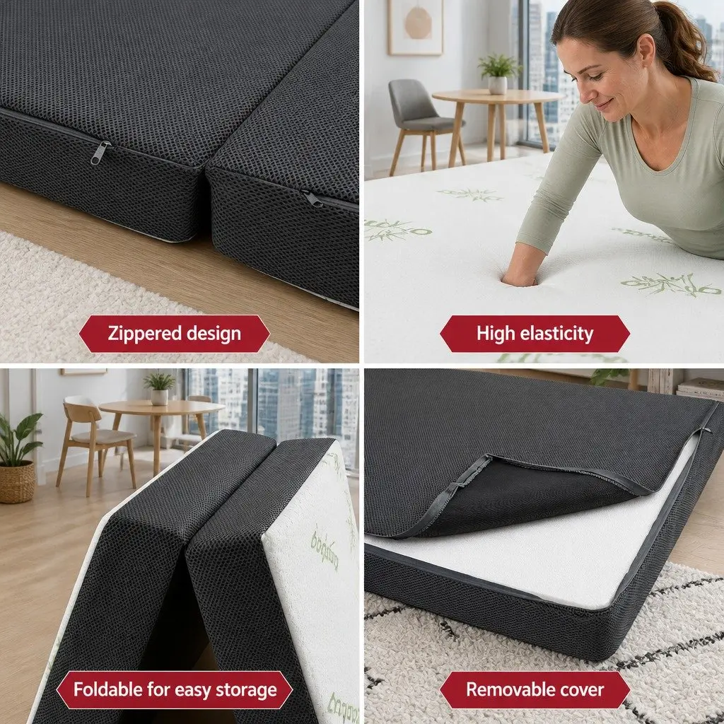 Foldable Foam Mattress Double Bed Chair 3-Fold Design Portable Storage