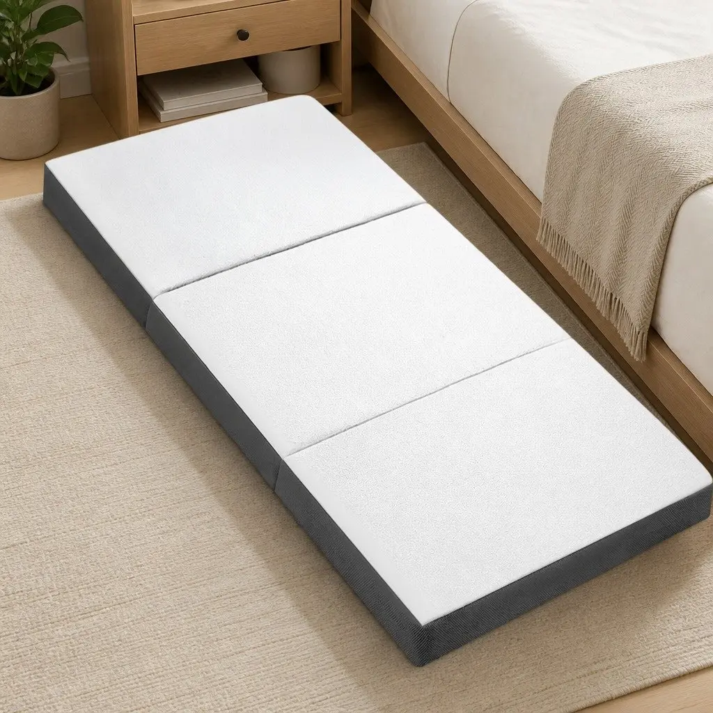 Single Folding Foam Mattress Bamboo Fabric 190cm x 79cm White and Grey Portable