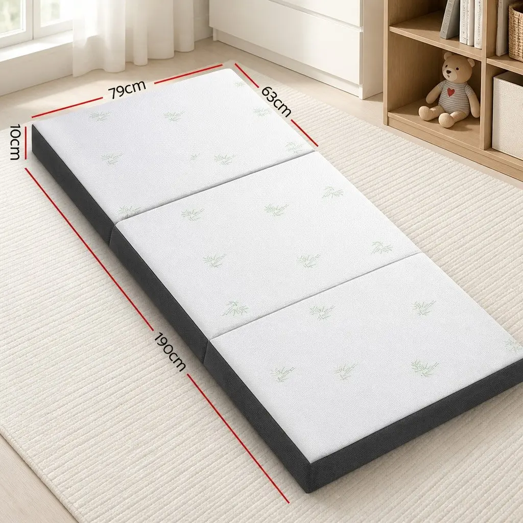 Single Folding Foam Mattress Bamboo Fabric 190cm x 79cm White and Grey Portable