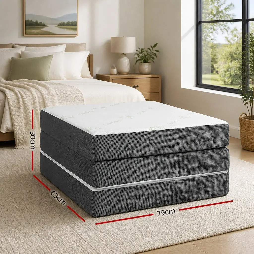 Single Folding Foam Mattress Bamboo Fabric 190cm x 79cm White and Grey Portable