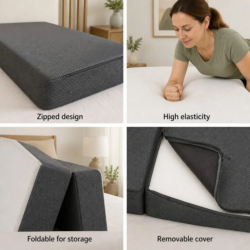 Single Folding Foam Mattress Bamboo Fabric 190cm x 79cm White and Grey Portable
