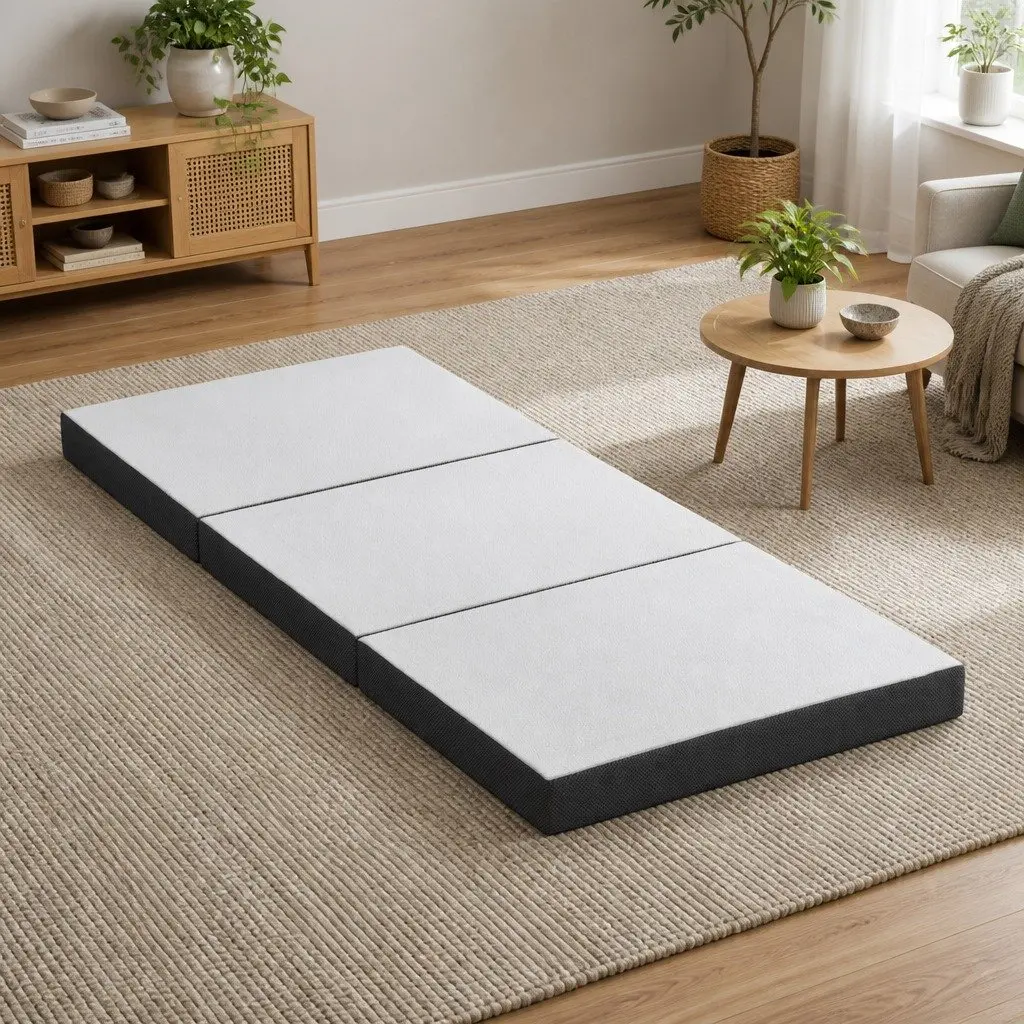 Single Folding Foam Mattress Bamboo Fabric 190cm x 79cm White and Grey Portable