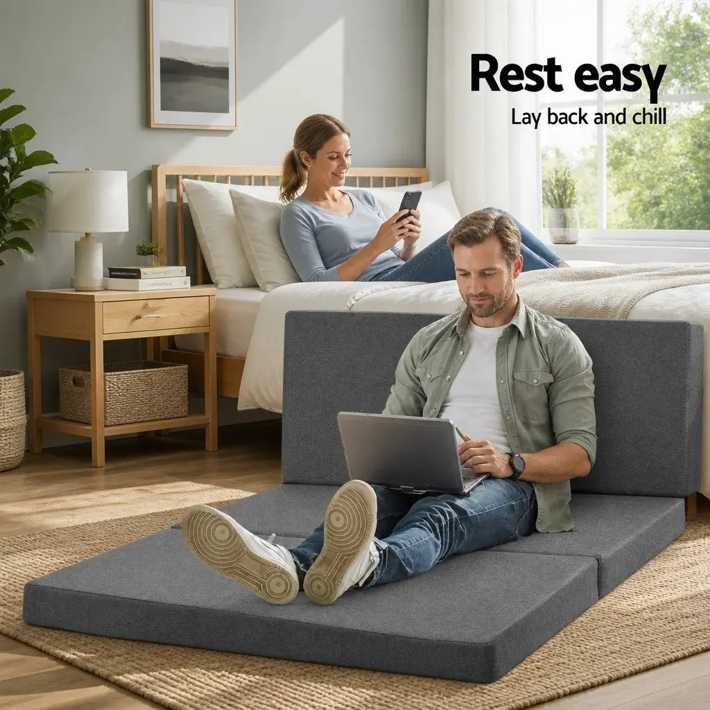Foldable Mattress Grey Foam 190cm x 130cm Dual Function Sofa Portable Storage