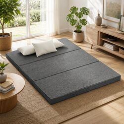 Foldable Foam Mattress Queen Bed Tri-Fold Chair Sofa Dark Grey Portable Storage