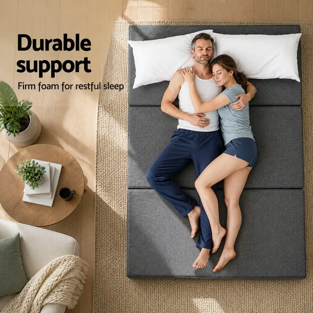 Foldable Foam Mattress Queen Bed Tri-Fold Chair Sofa Dark Grey Portable Storage