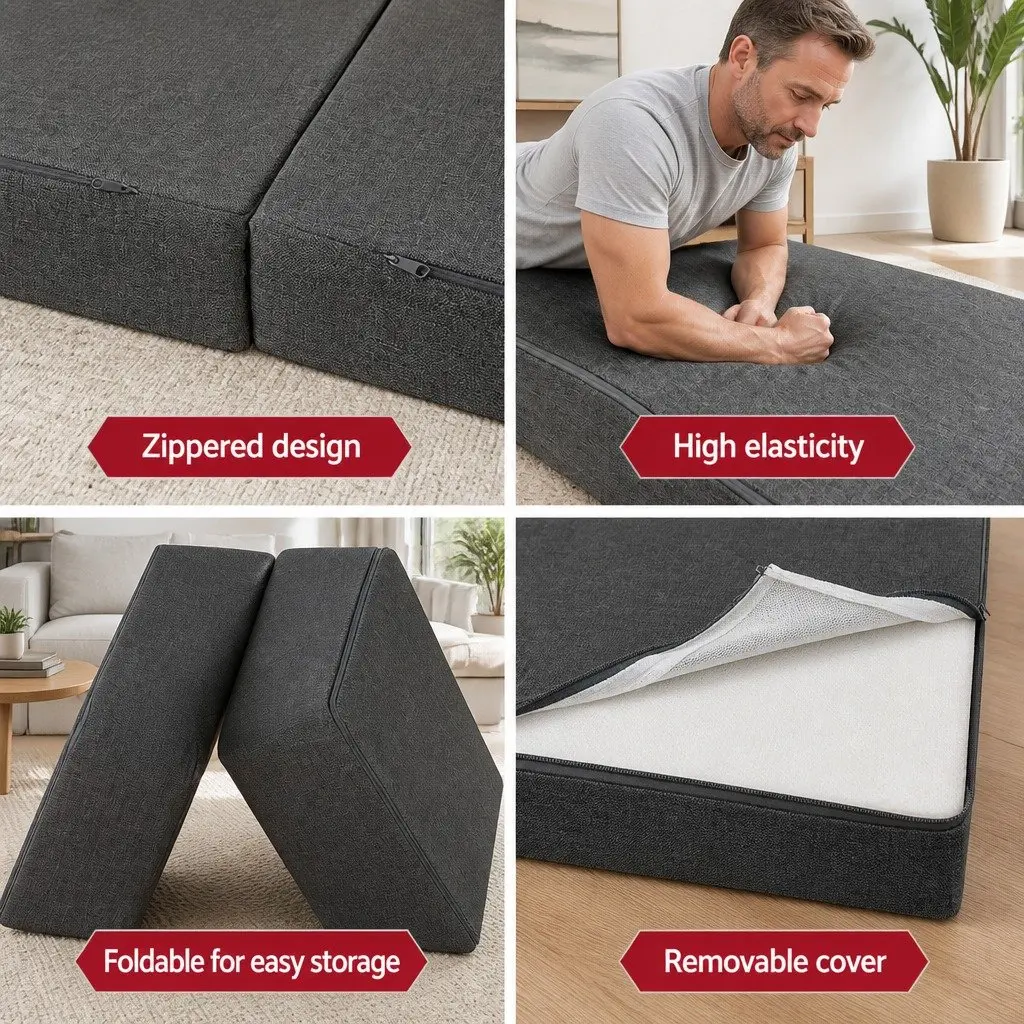 Foldable Foam Mattress Queen Bed Tri-Fold Chair Sofa Dark Grey Portable Storage