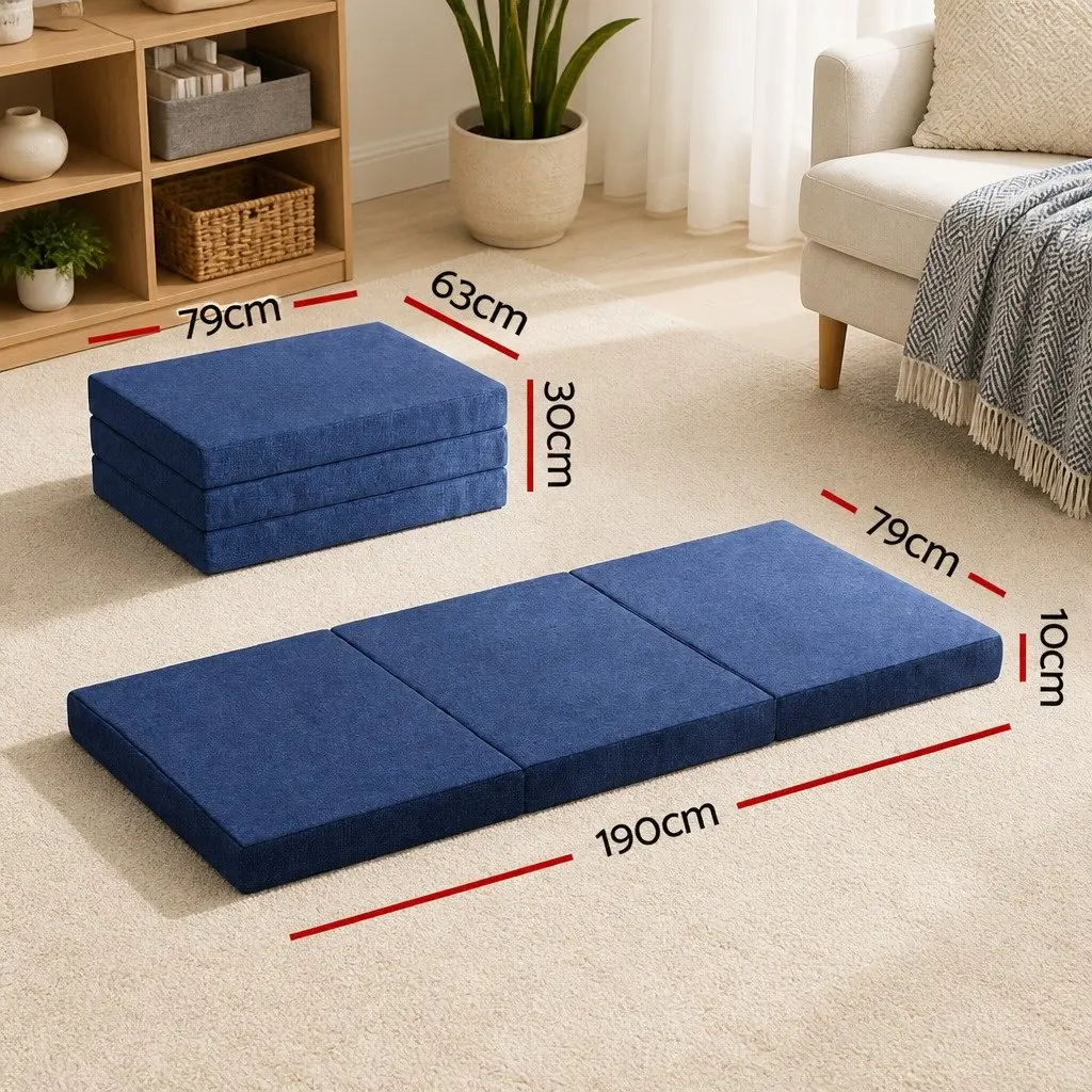 Single Mattress Foam Folding Blue Tri-Fold Bed Chair Sofa