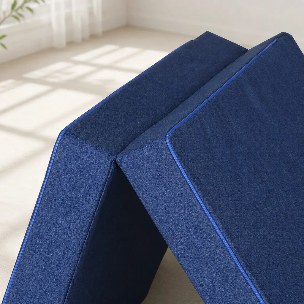 Single Mattress Foam Folding Blue Tri-Fold Bed Chair Sofa