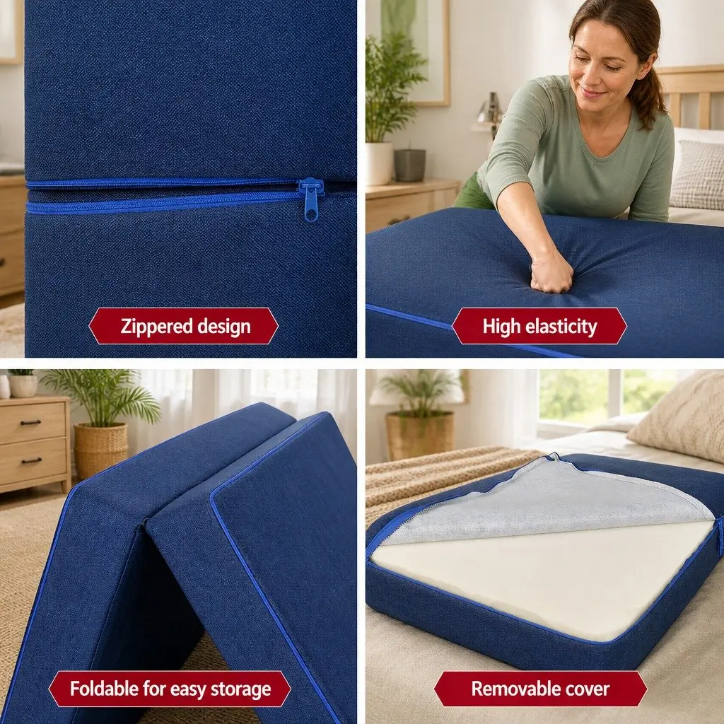Single Mattress Foam Folding Blue Tri-Fold Bed Chair Sofa