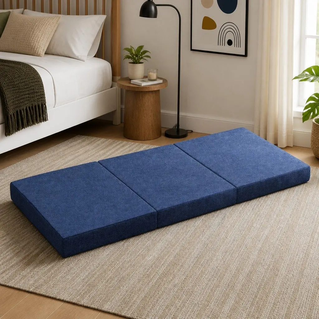 Single Mattress Foam Folding Blue Tri-Fold Bed Chair Sofa