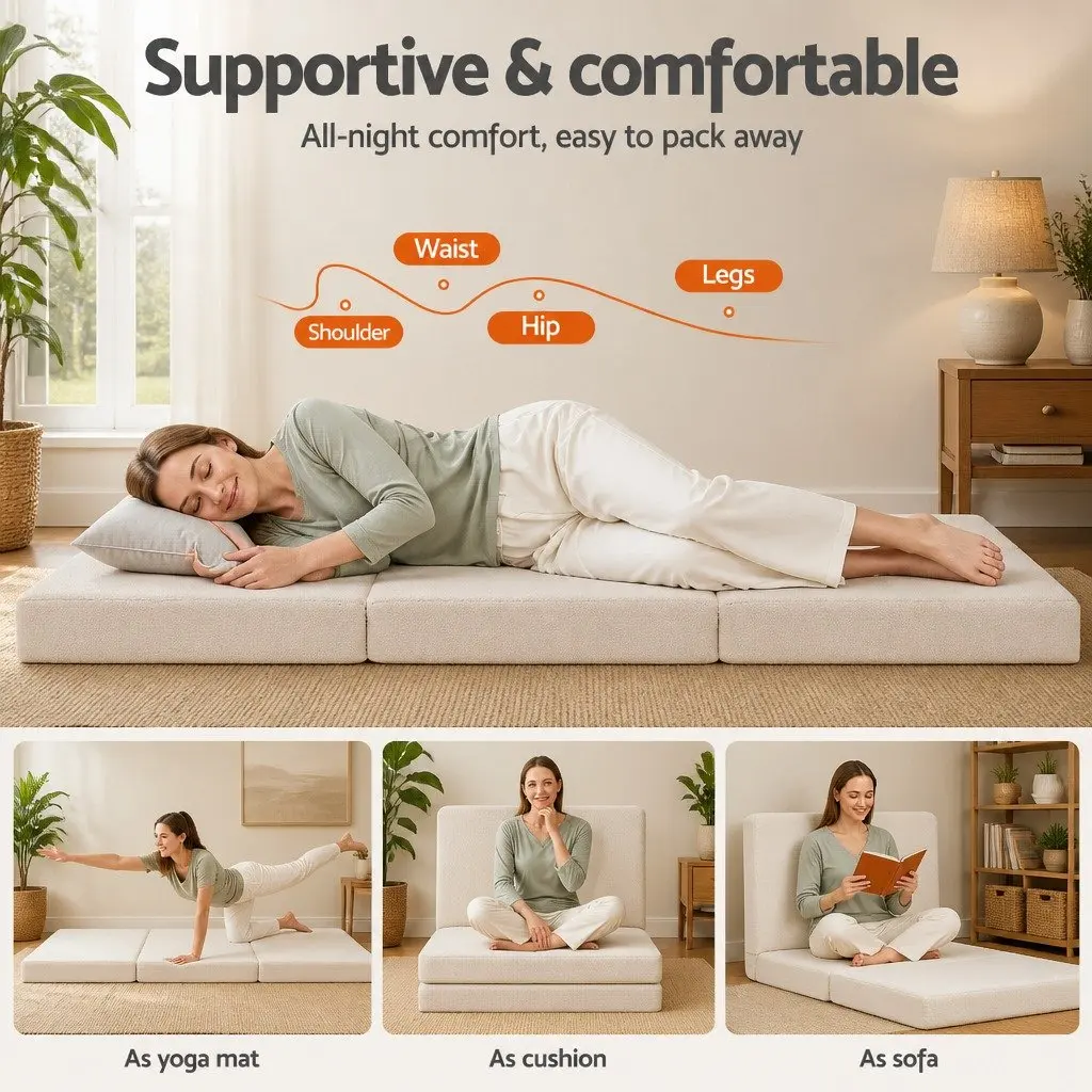 Foldable Foam Mattress 3-Fold Convertible Chair Bed Portable Single Sherpa