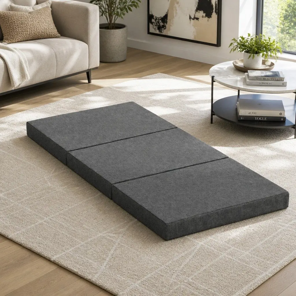 Foldable Mattress Chair Grey Polyester Medium Firmness 190cm x 79cm Removable Washable Cover