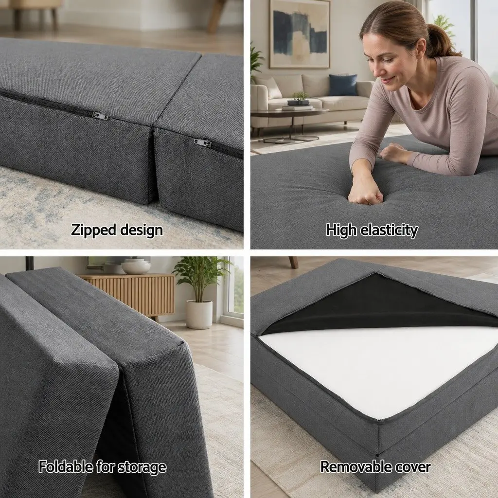Foldable Mattress Chair Grey Polyester Medium Firmness 190cm x 79cm Removable Washable Cover