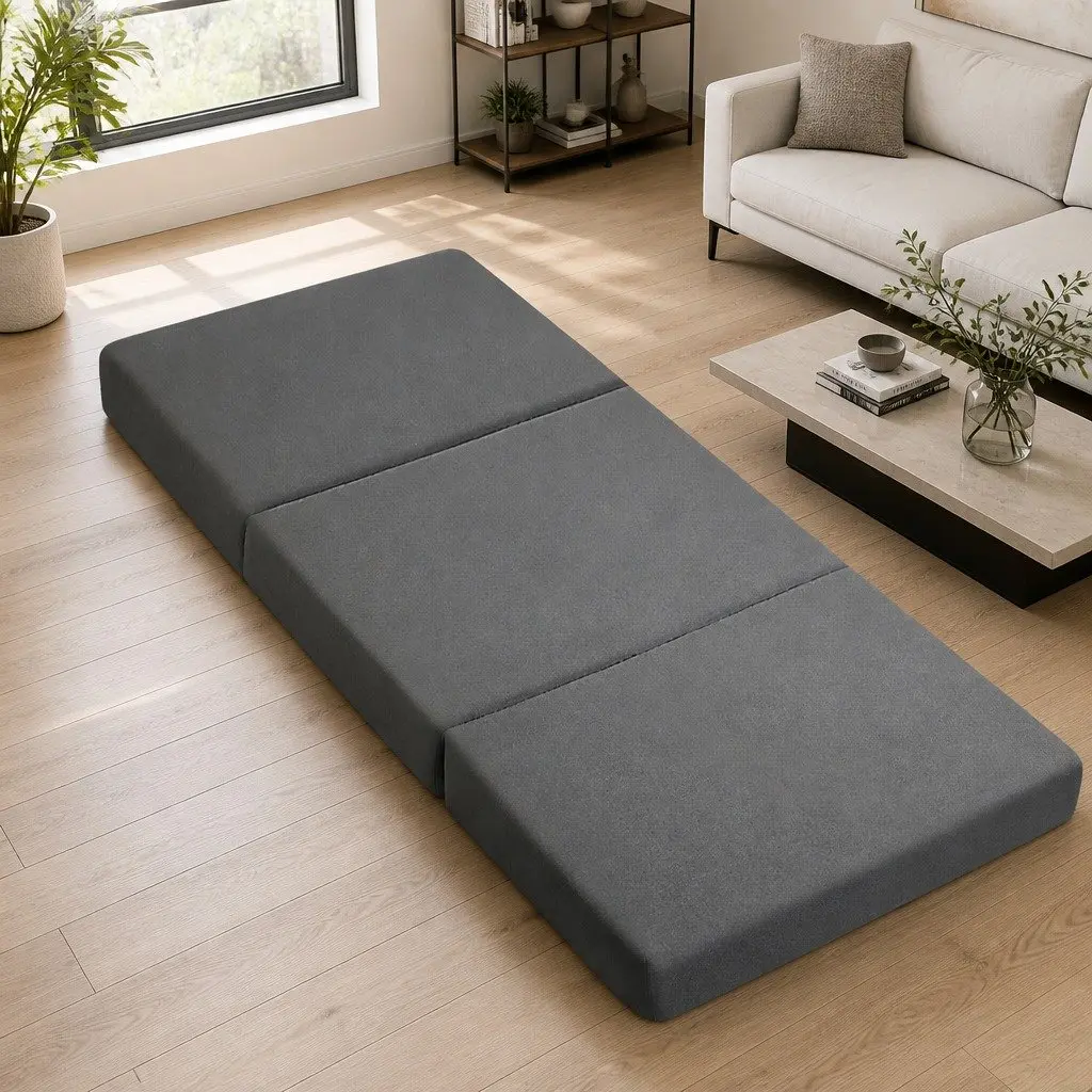 Foldable Mattress Chair Grey Polyester Medium Firmness 190cm x 79cm Removable Washable Cover
