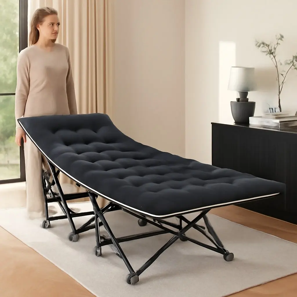 Folding Bed with Mattress Heavy Duty Black 185CM Portable Guest Sleeping