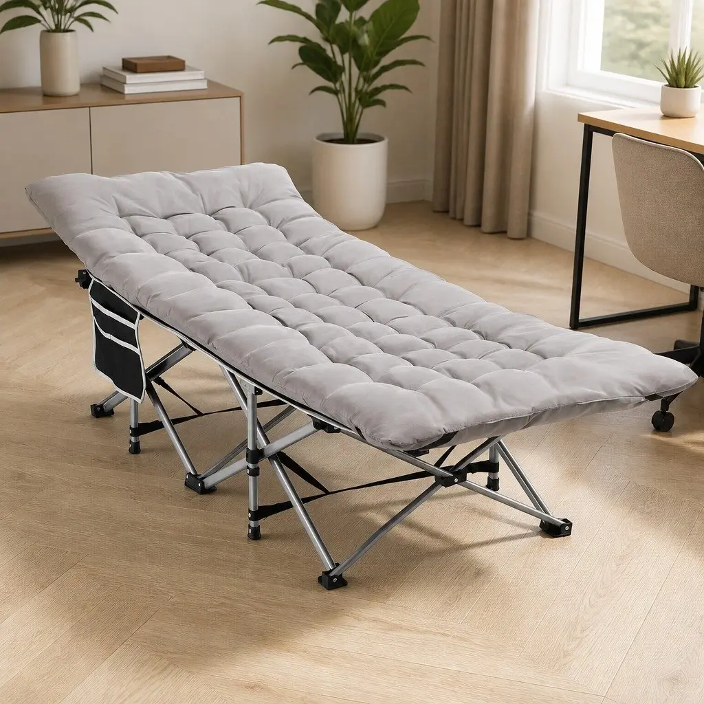 Folding Bed Portable Heavy Duty Steel Frame Grey 185cm with Removable Cotton Mattress