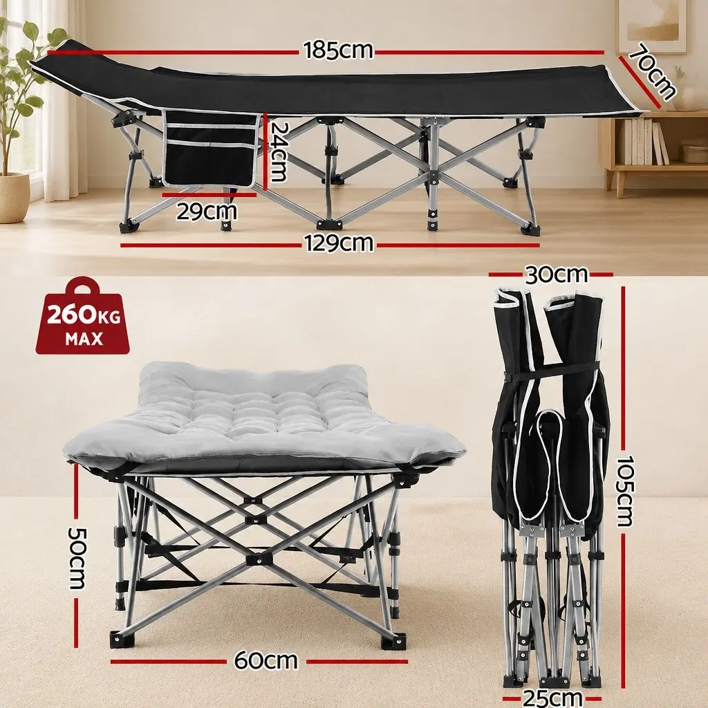 Folding Bed Portable Heavy Duty Steel Frame Grey 185cm with Removable Cotton Mattress