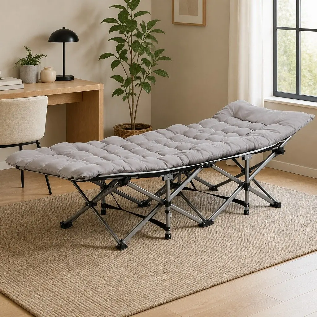 Folding Bed Portable Heavy Duty Steel Frame Grey 185cm with Removable Cotton Mattress