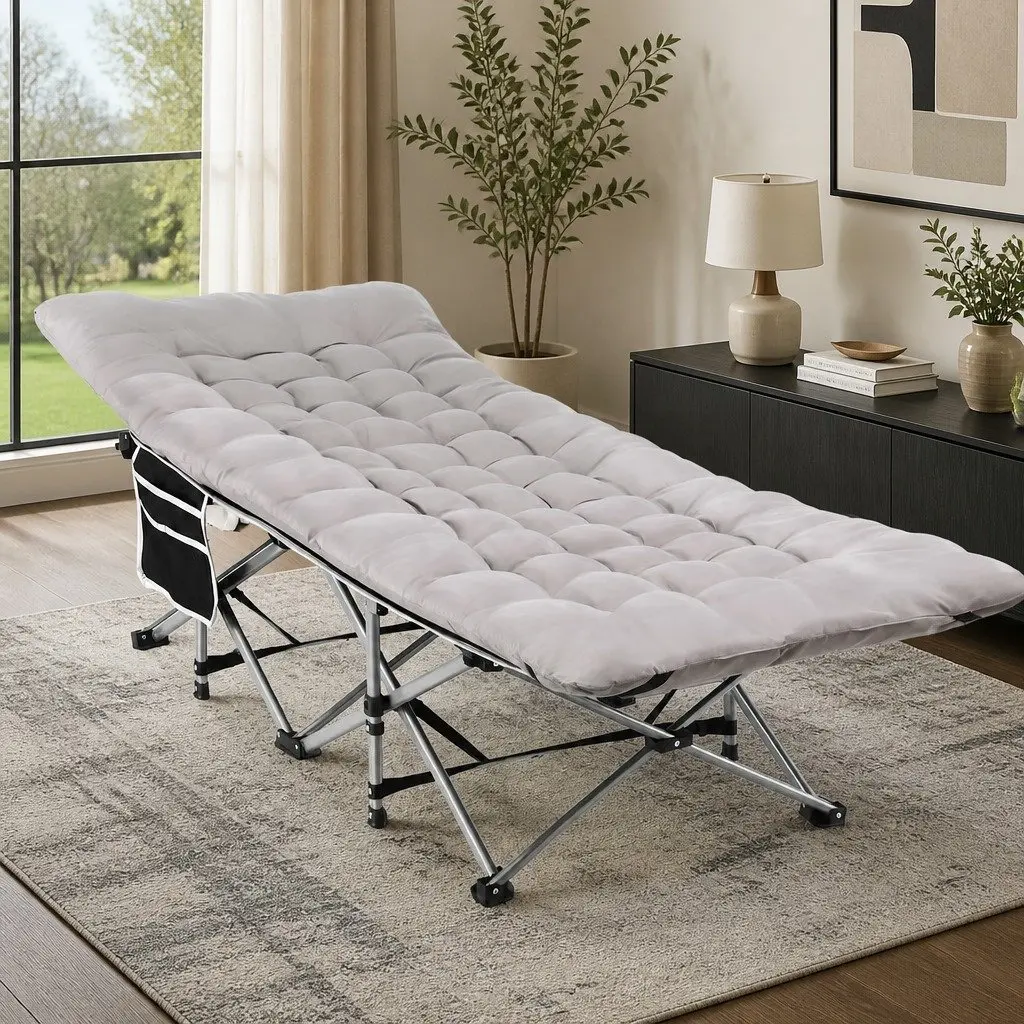 Folding Bed Portable Heavy Duty Steel Frame Grey 185cm with Removable Cotton Mattress