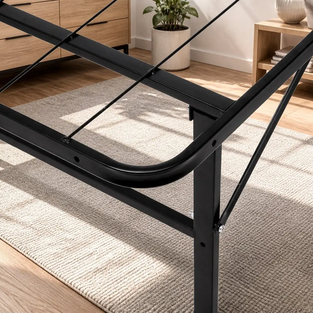 Double Bed Frame Folding Metal Base Black Portable Foldable Storage Bed
