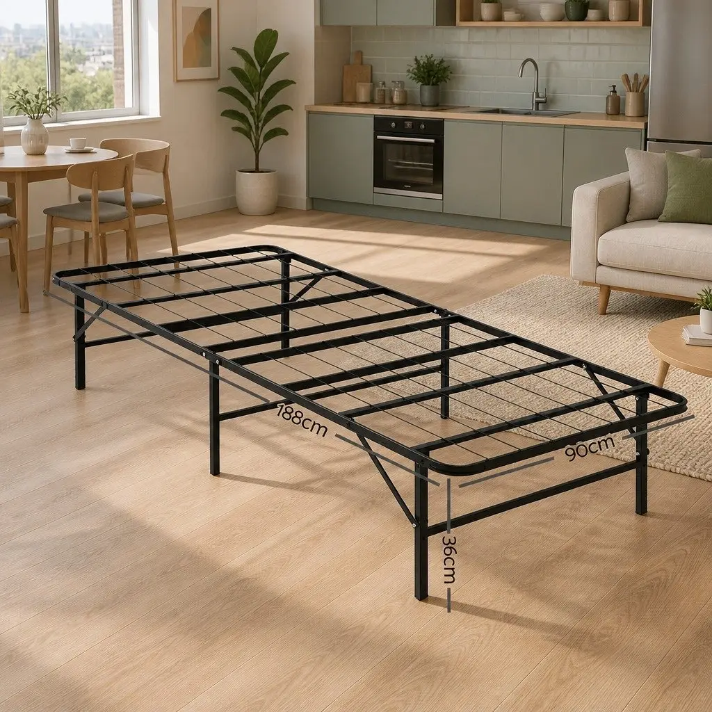 Single Folding Bed Frame Metal Base Black Storage Underneath Easy Assembly
