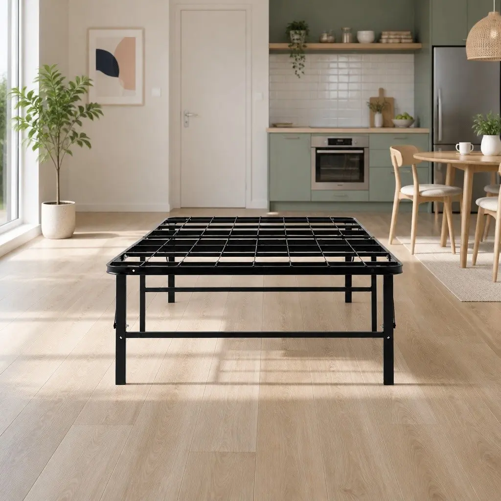 Single Folding Bed Frame Metal Base Black Storage Underneath Easy Assembly
