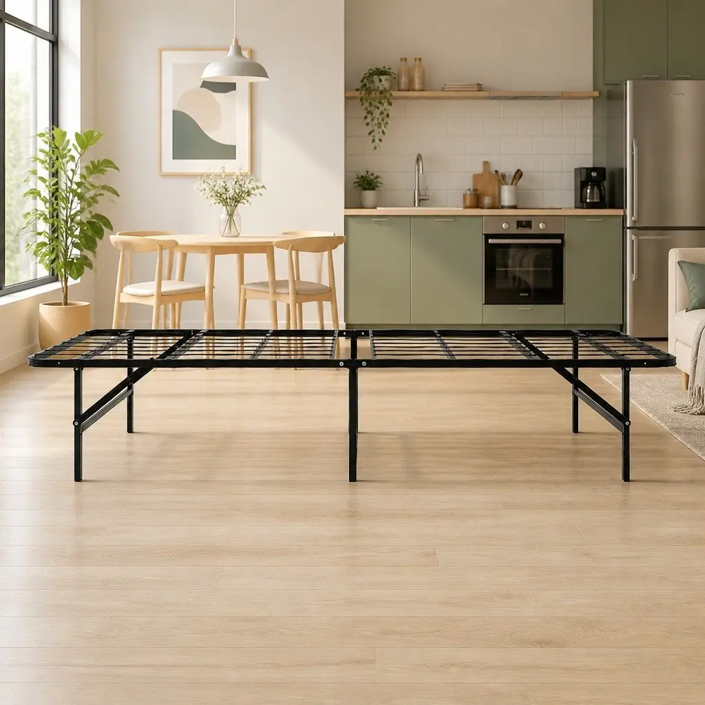 Single Folding Bed Frame Metal Base Black Storage Underneath Easy Assembly