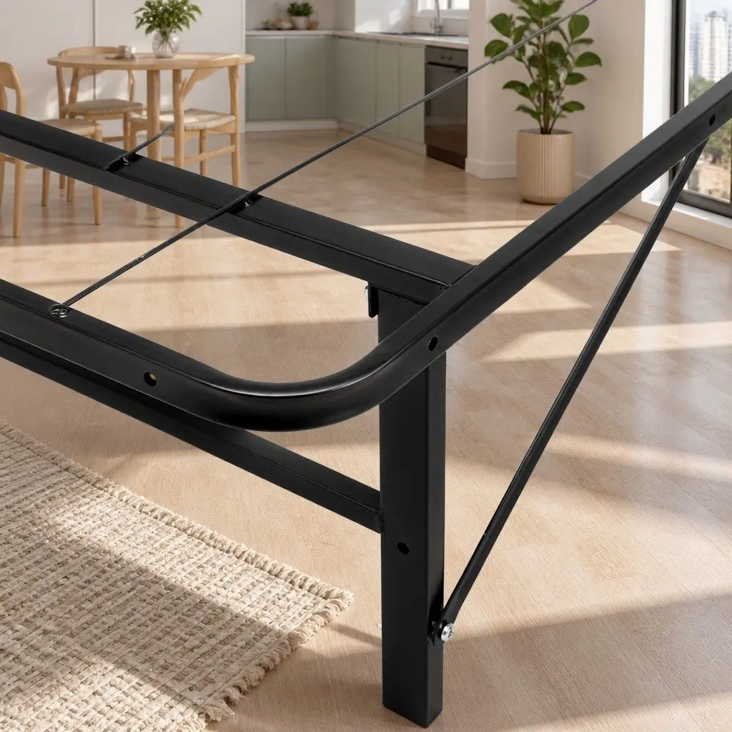 Single Folding Bed Frame Metal Base Black Storage Underneath Easy Assembly