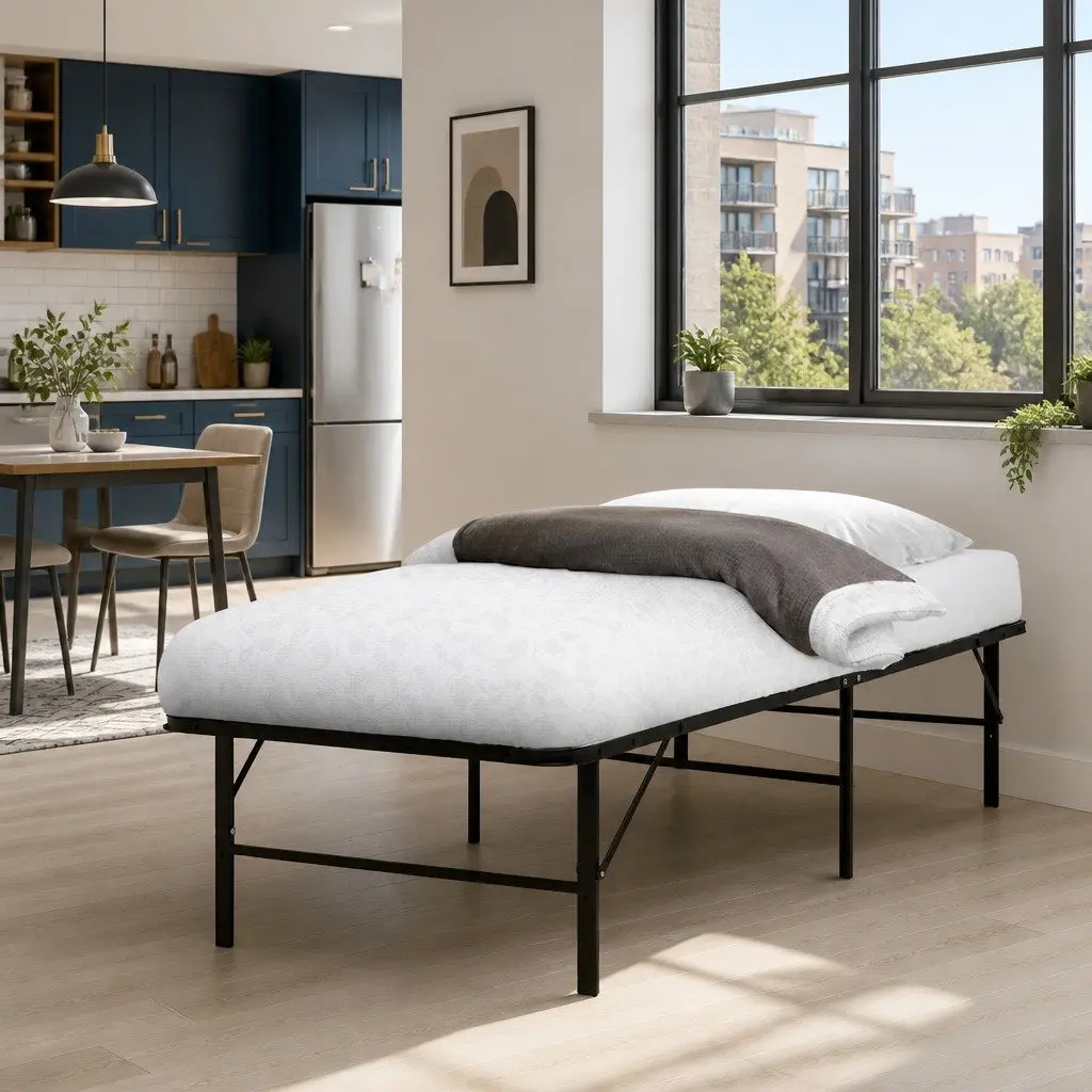 Single Folding Bed Frame Metal Base Black Storage Underneath Easy Assembly
