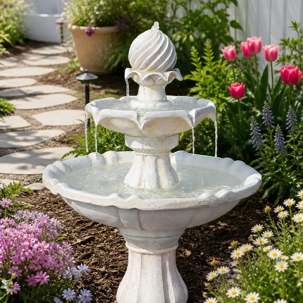 Solar Water Feature Three Tier Fountain Polyresin 90CM Ivory