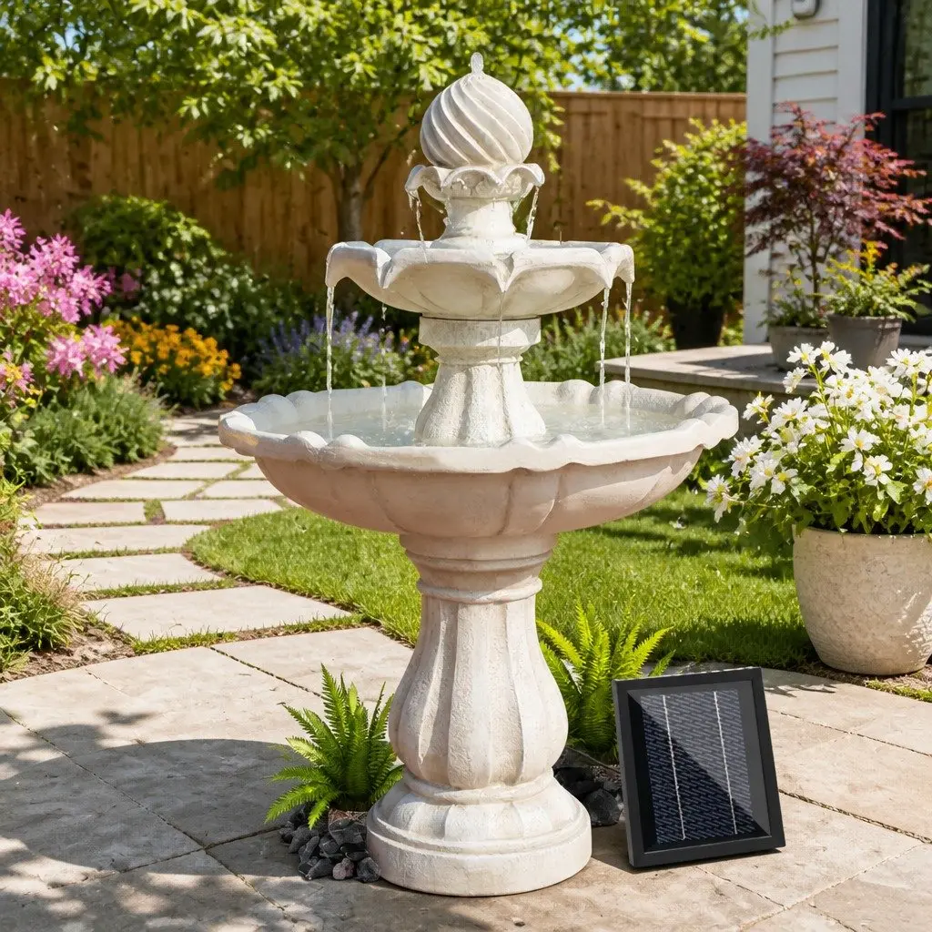 Solar Water Feature Three Tier Fountain Polyresin 90CM Ivory