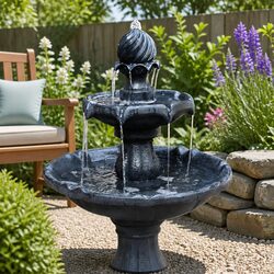 3-Tier Solar Water Fountain Garden Bird Bath Feature Pump Kit 93cm Black