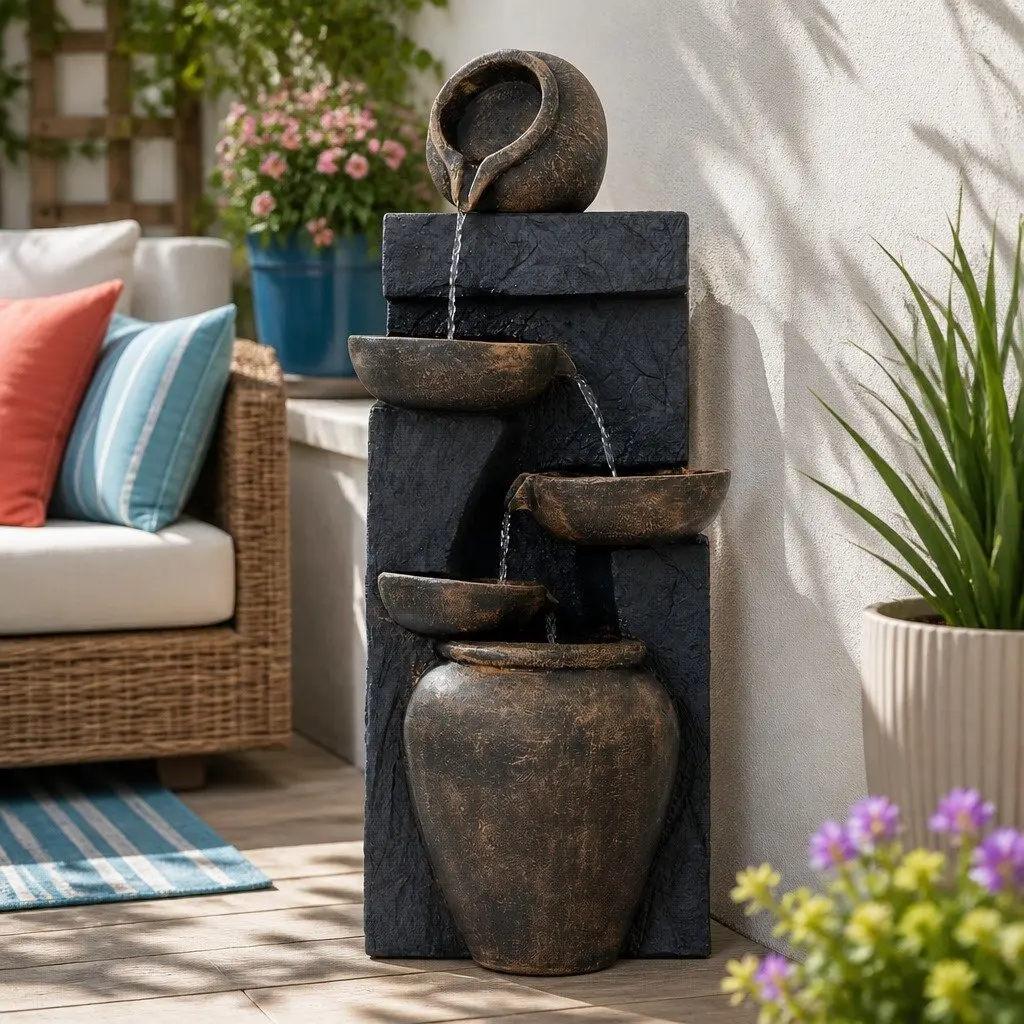 Solar Water Feature Cascading Fountain Polyresin 99cm Brown 5 Tiered Bowl Bird Bath Outdoor Indoor