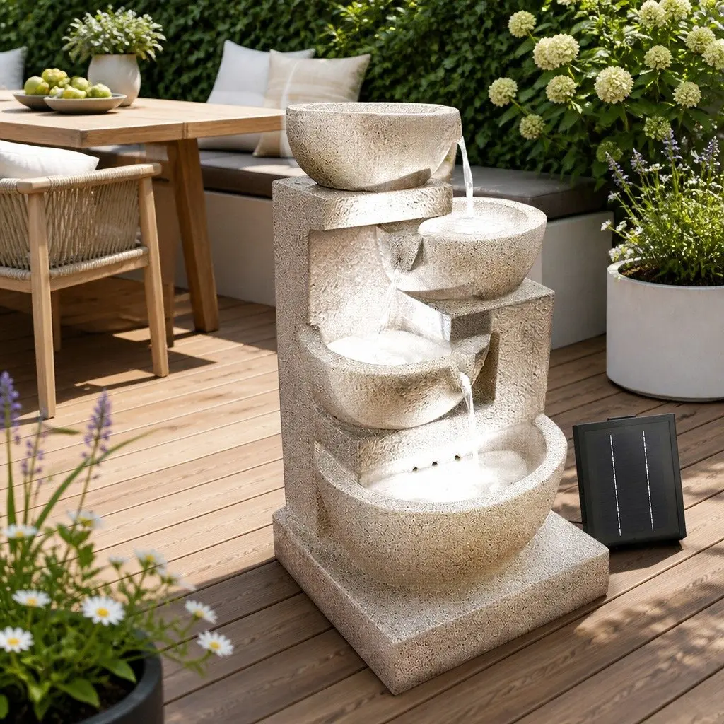 Solar Water Fountain Polyresin 72CM Height Sand Four-Tier Cascading LED Garden Decor