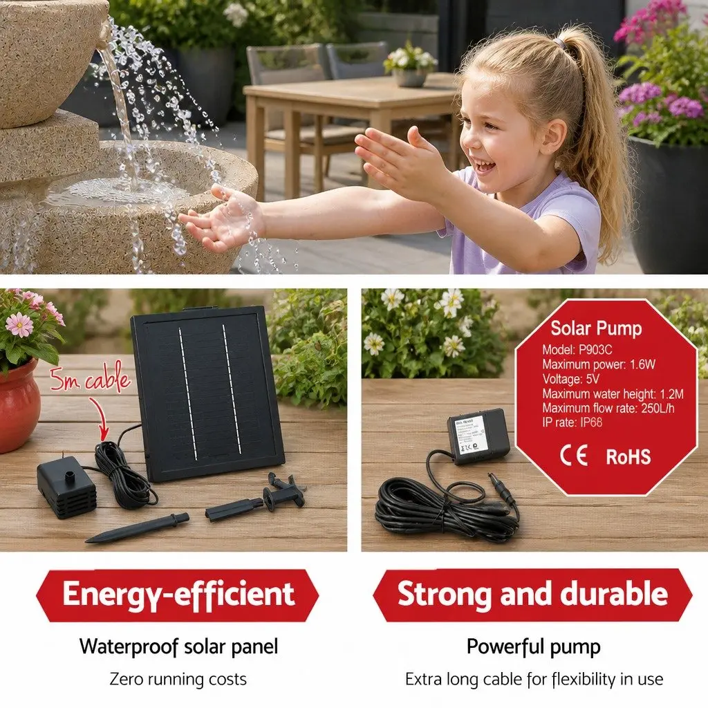 Solar Water Fountain Polyresin 72CM Height Sand Four-Tier Cascading LED Garden Decor