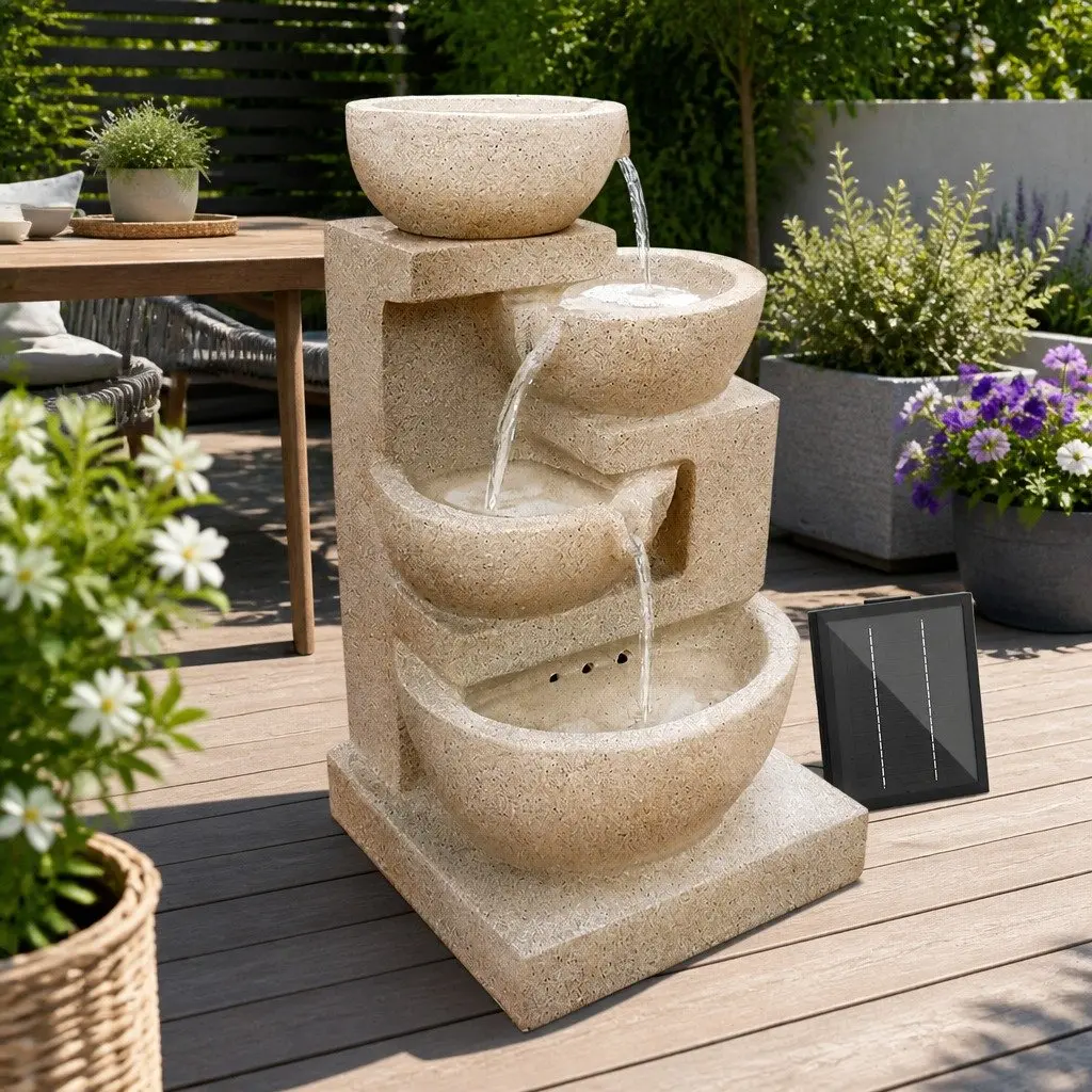 Solar Water Fountain Polyresin 72CM Height Sand Four-Tier Cascading LED Garden Decor
