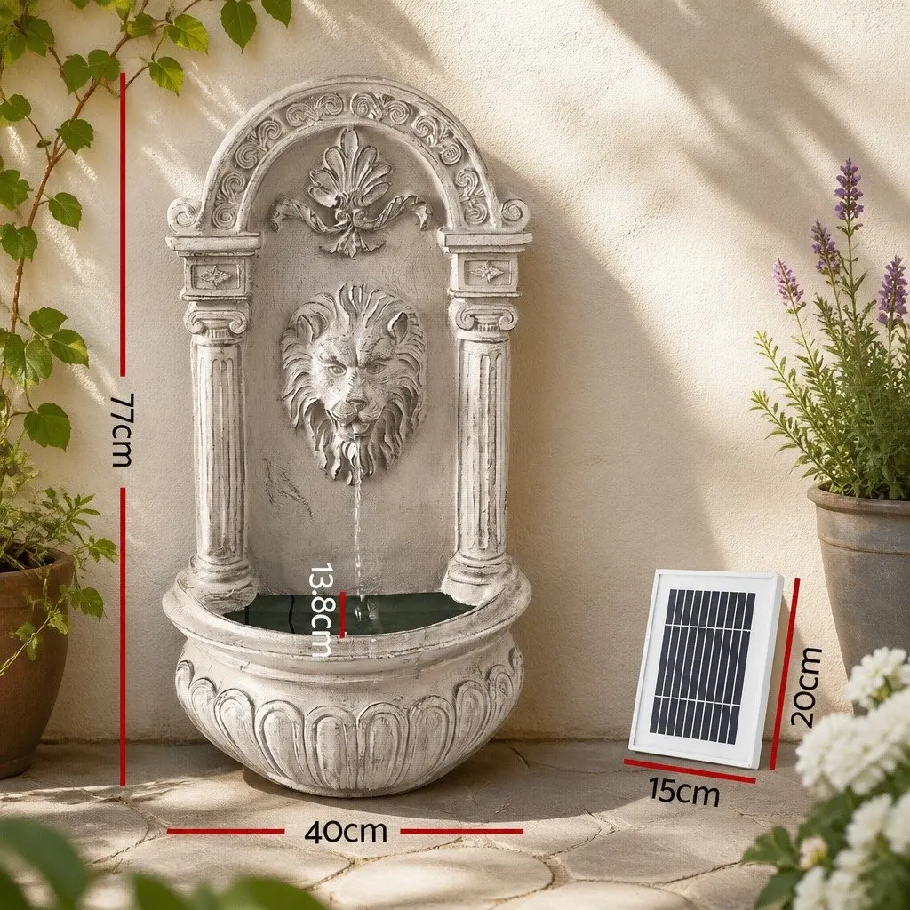Solar Wall Mount Fountain Lion Head Cascading Water Feature 77CM Beige Polyresin