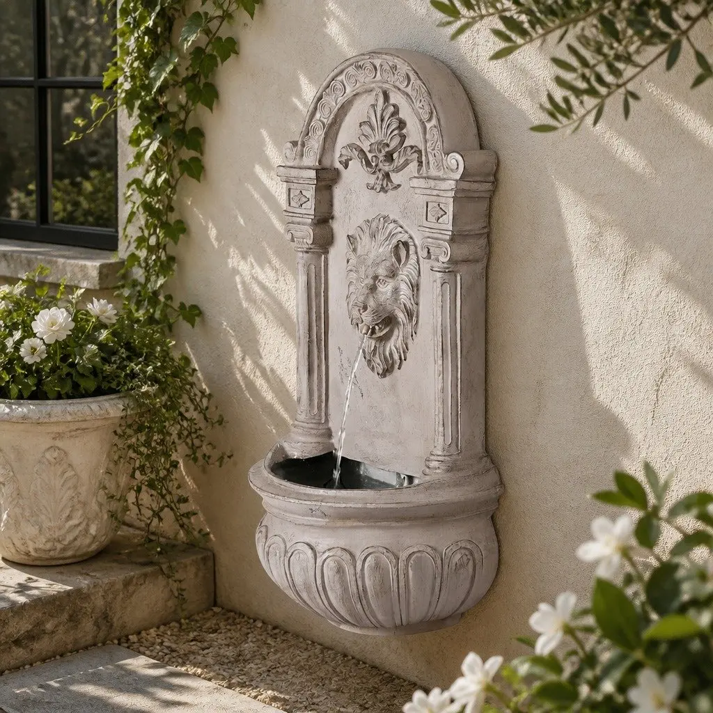 Solar Wall Mount Fountain Lion Head Cascading Water Feature 77CM Beige Polyresin